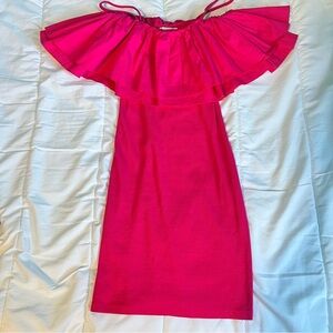 Zara Mini Dress Hot Pink Cotton Ribbed and Ruffled Bodycon Size Small